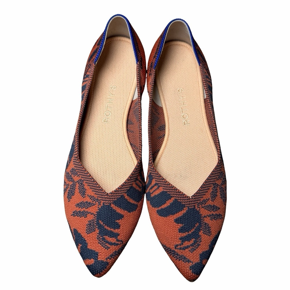 Rothy's The Point Flats W8 Sunset Floral Burnt Orange Navy Knit Slip On Shoe - Picture 2 of 14